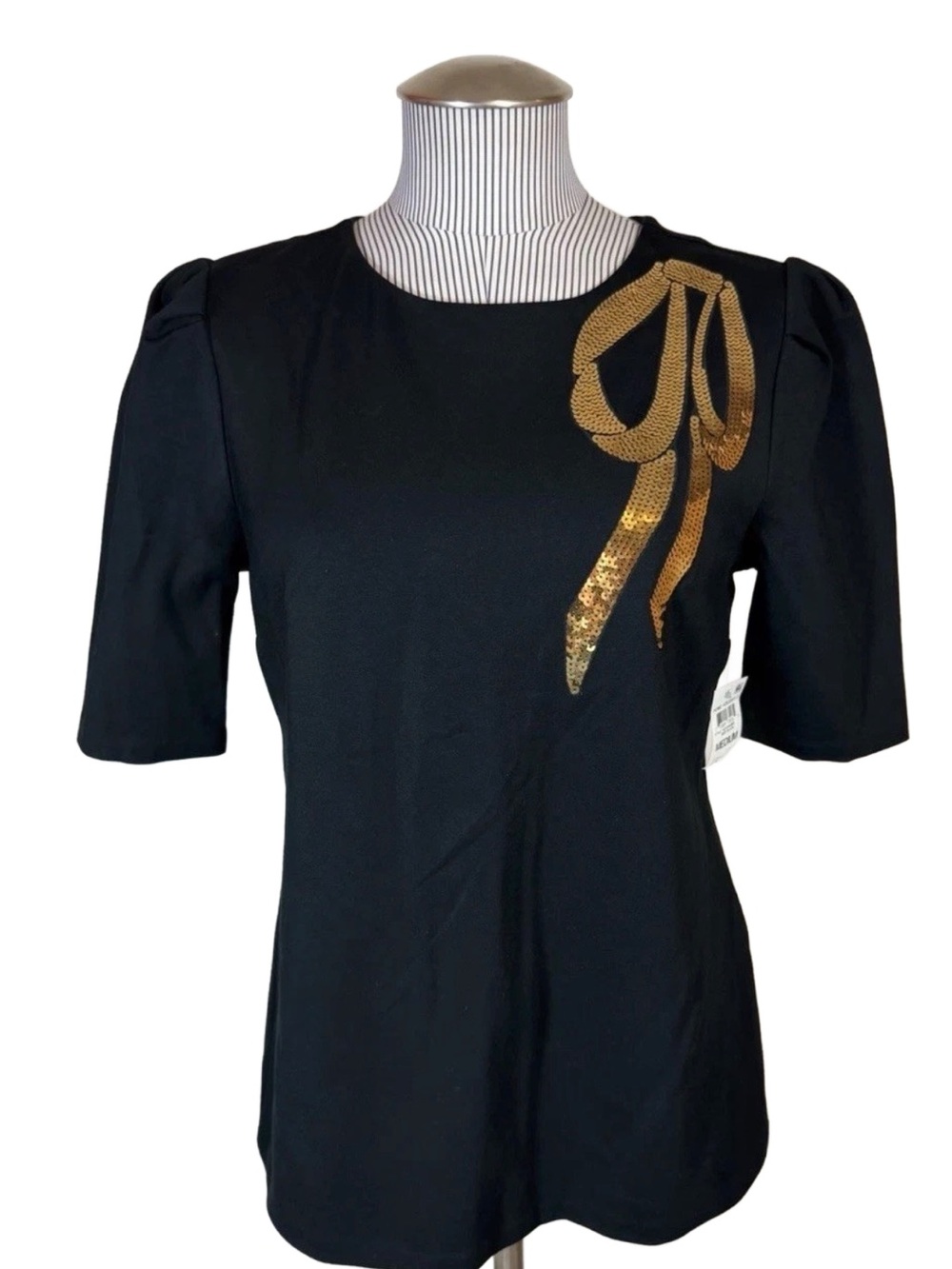 NWT Gold Bow Sequin Top Ponte Holiday Pleated Sleeve Black Shirt Charter Club
